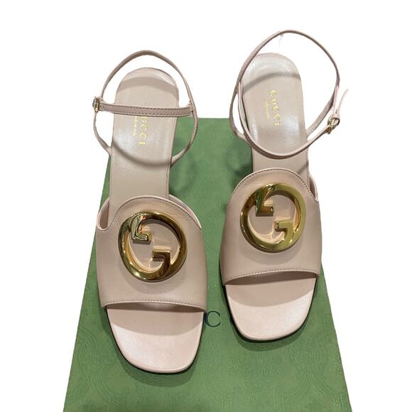 Gucci Blondie Leather Light Pink Sandal 85mm 38.5 Gold Interlocking G - Picture 2 of 8